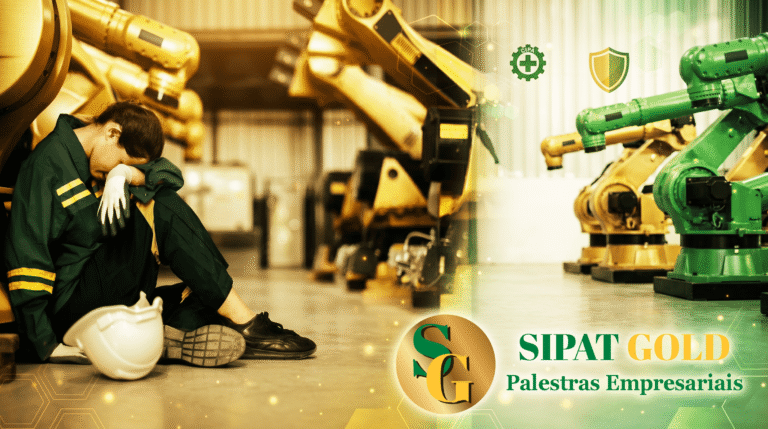 Colaboradora industrial exausta sentada no chão de fábrica ao lado de robôs automatizados, representando o aumento de afastamentos por saúde mental e acidentes de trabalho no Brasil - SIPAT GOLD.